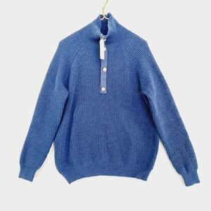 Boutique Navy Blue Knit 1/4 Button Detail Turtleneck Nautical Cozy Sweater P3371